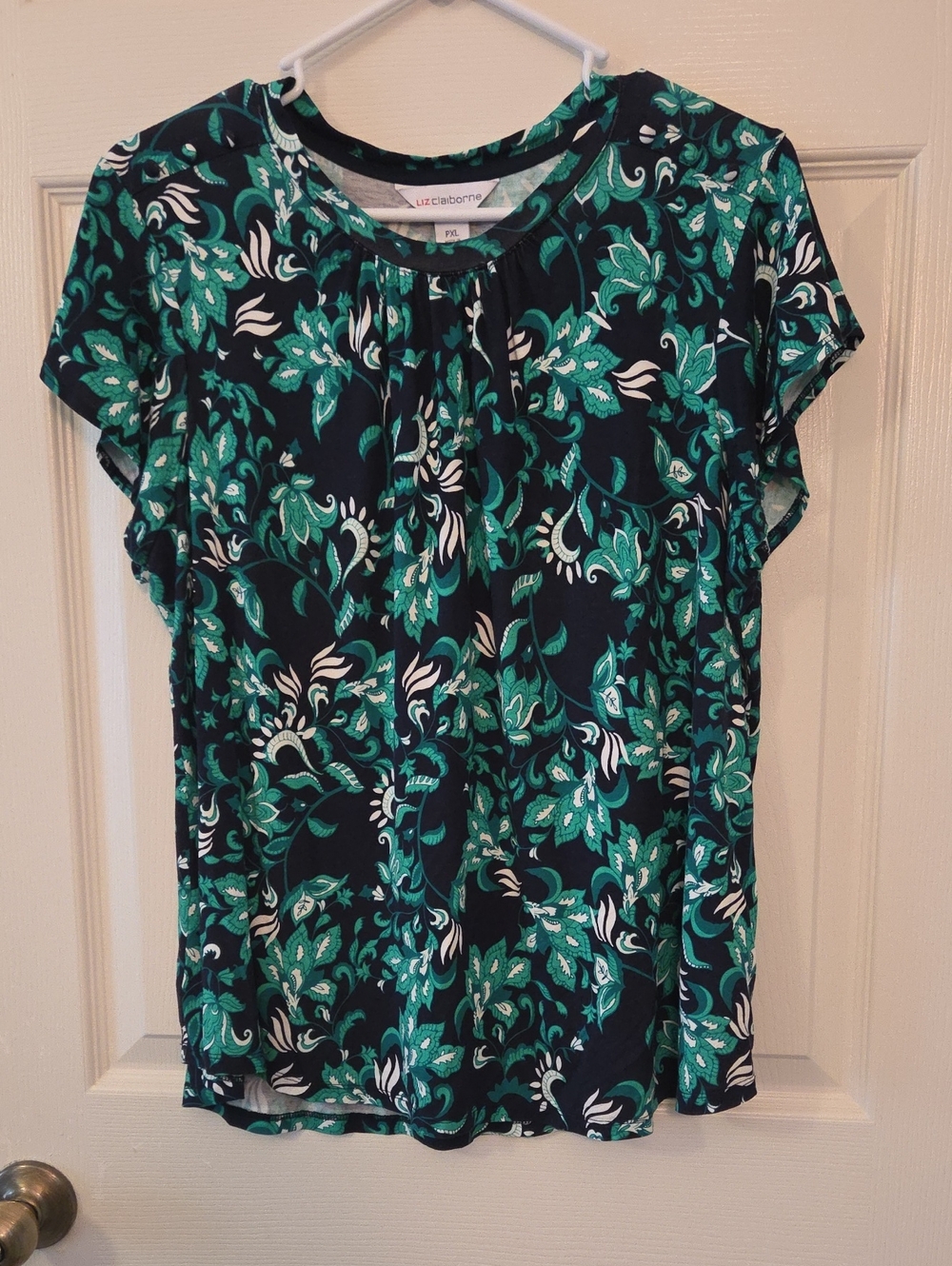 Liz Claiborne Dark Blue Green Floral Short Sleeve Top Shirt PXL